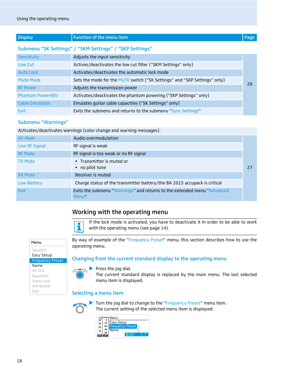 Submenu “warnings, Working with the operating menu, Selecting a menu item | Sennheiser EM 2000 User Manual | Page 20 / 38