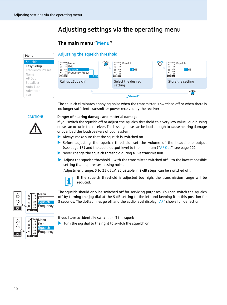 Adjusting settings via the operating menu, The main menu “menu, Adjusting the squelch threshold | The main menu “ menu | Sennheiser EM 2000 User Manual | Page 22 / 38