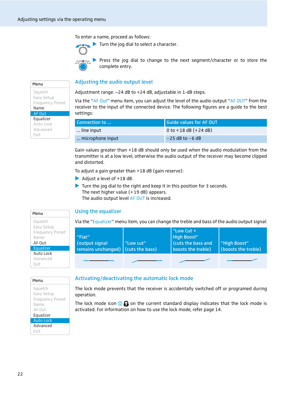 Adjusting the audio output level, Using the equalizer, Activating/deactivating the automatic lock mode | Sennheiser EM 2000 User Manual | Page 24 / 38