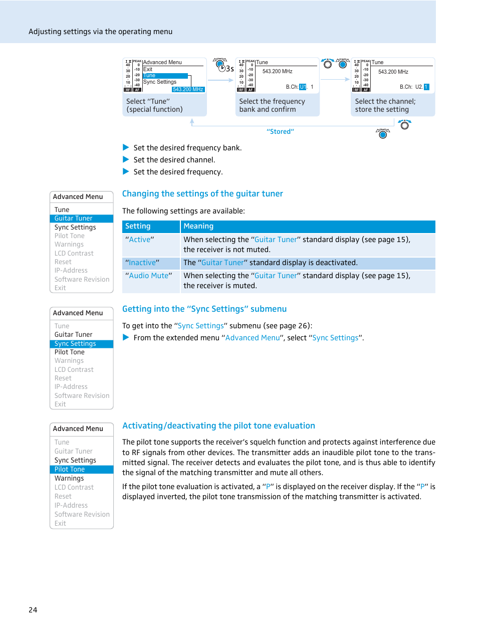 Changing the settings of the guitar tuner, Getting into the “sync settings” submenu, Activating/deactivating the pilot tone evaluation | Sennheiser EM 2000 User Manual | Page 26 / 38