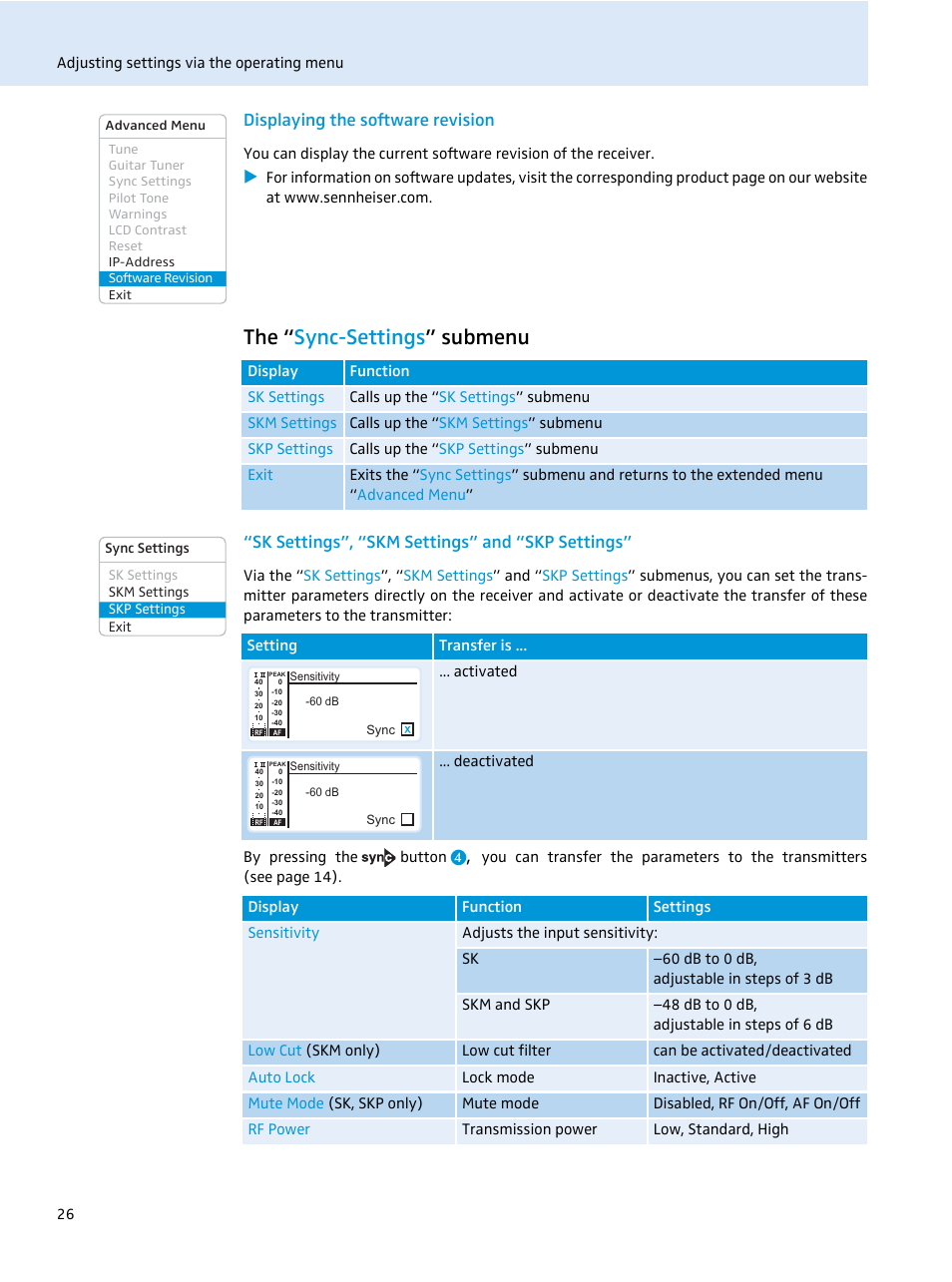 Displaying the software revision, The “sync-settings” submenu, Sk settings”, “skm settings” and “skp settings | The “ sync-settings ” submenu | Sennheiser EM 2000 User Manual | Page 28 / 38