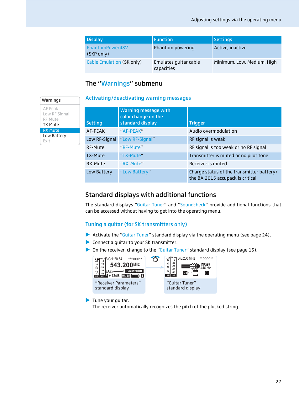 The “warnings” submenu, Activating/deactivating warning messages, Standard displays with additional functions | Tuning a guitar (for sk transmitters only), The “ warnings ” submenu | Sennheiser EM 2000 User Manual | Page 29 / 38