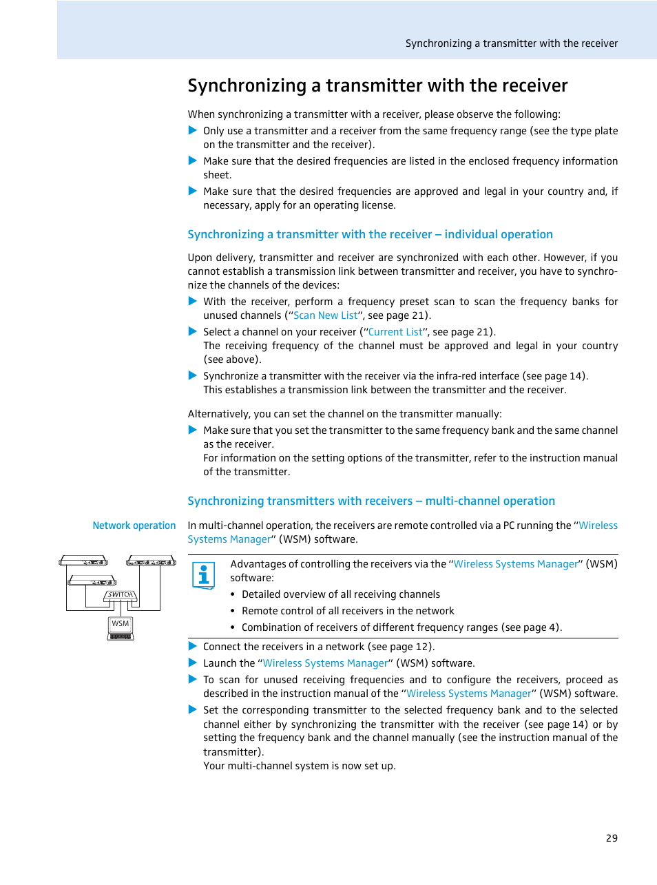 Synchronizing a transmitter with the receiver, Network operation | Sennheiser EM 2000 User Manual | Page 31 / 38