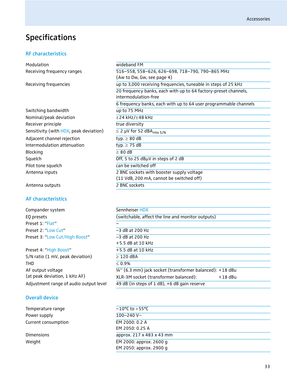 Specifications | Sennheiser EM 2000 User Manual | Page 35 / 38