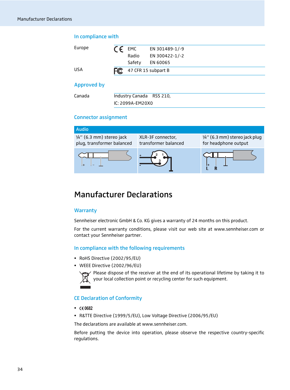 In compliance with, Approved by, Connector assignment | Manufacturer declarations, Warranty, In compliance with the following requirements, Ce declaration of conformity | Sennheiser EM 2000 User Manual | Page 36 / 38