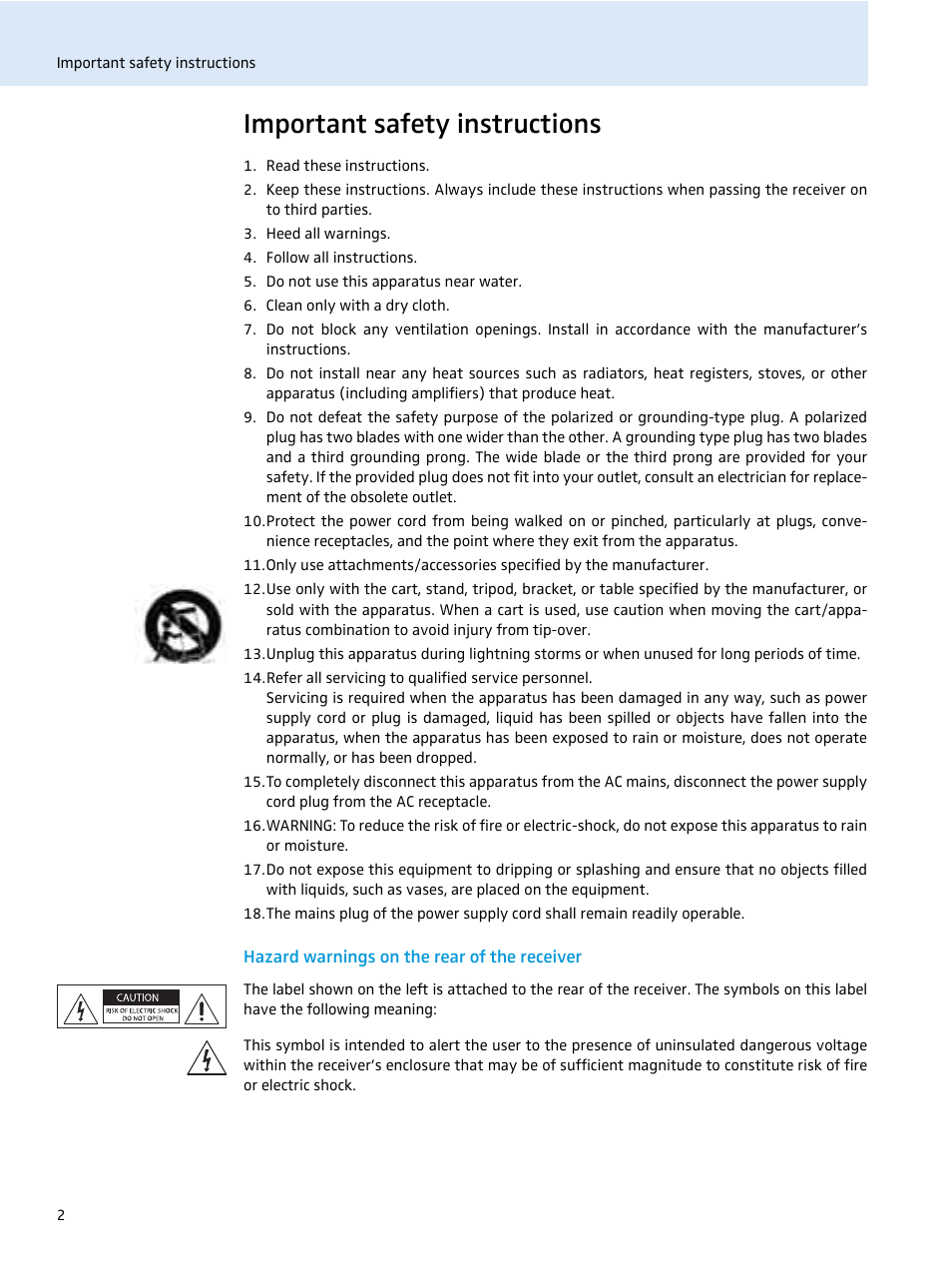 Important safety instructions, Hazard warnings on the rear of the receiver | Sennheiser EM 2000 User Manual | Page 4 / 38