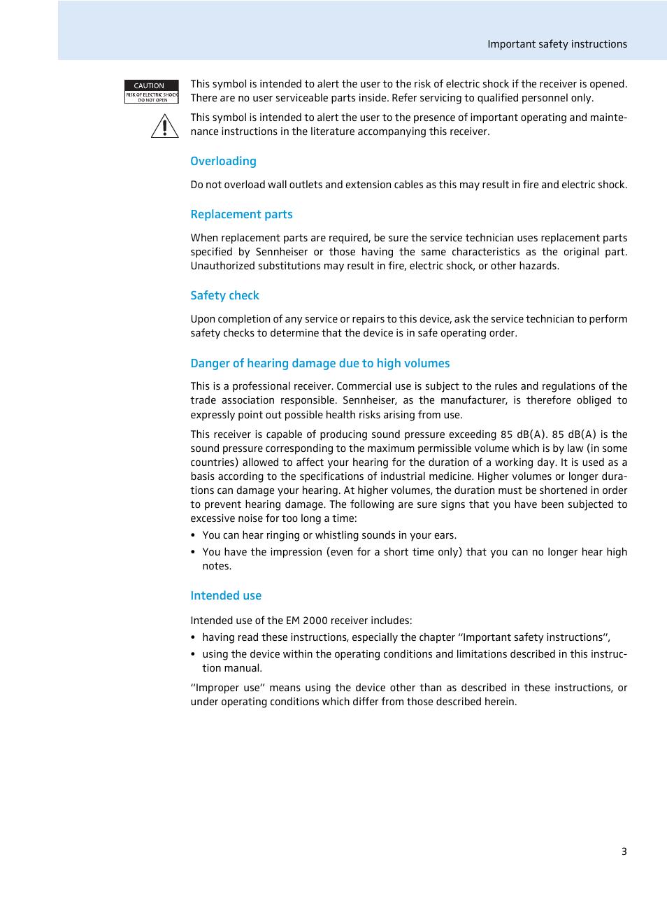 Overloading, Replacement parts, Safety check | Danger of hearing damage due to high volumes, Intended use | Sennheiser EM 2000 User Manual | Page 5 / 38