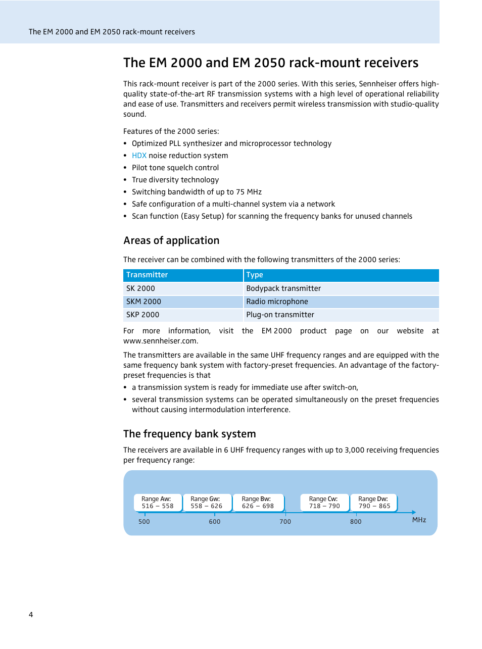 The em 2000 and em 2050 rack-mount receivers, Areas of application, The frequency bank system | Sennheiser EM 2000 User Manual | Page 6 / 38