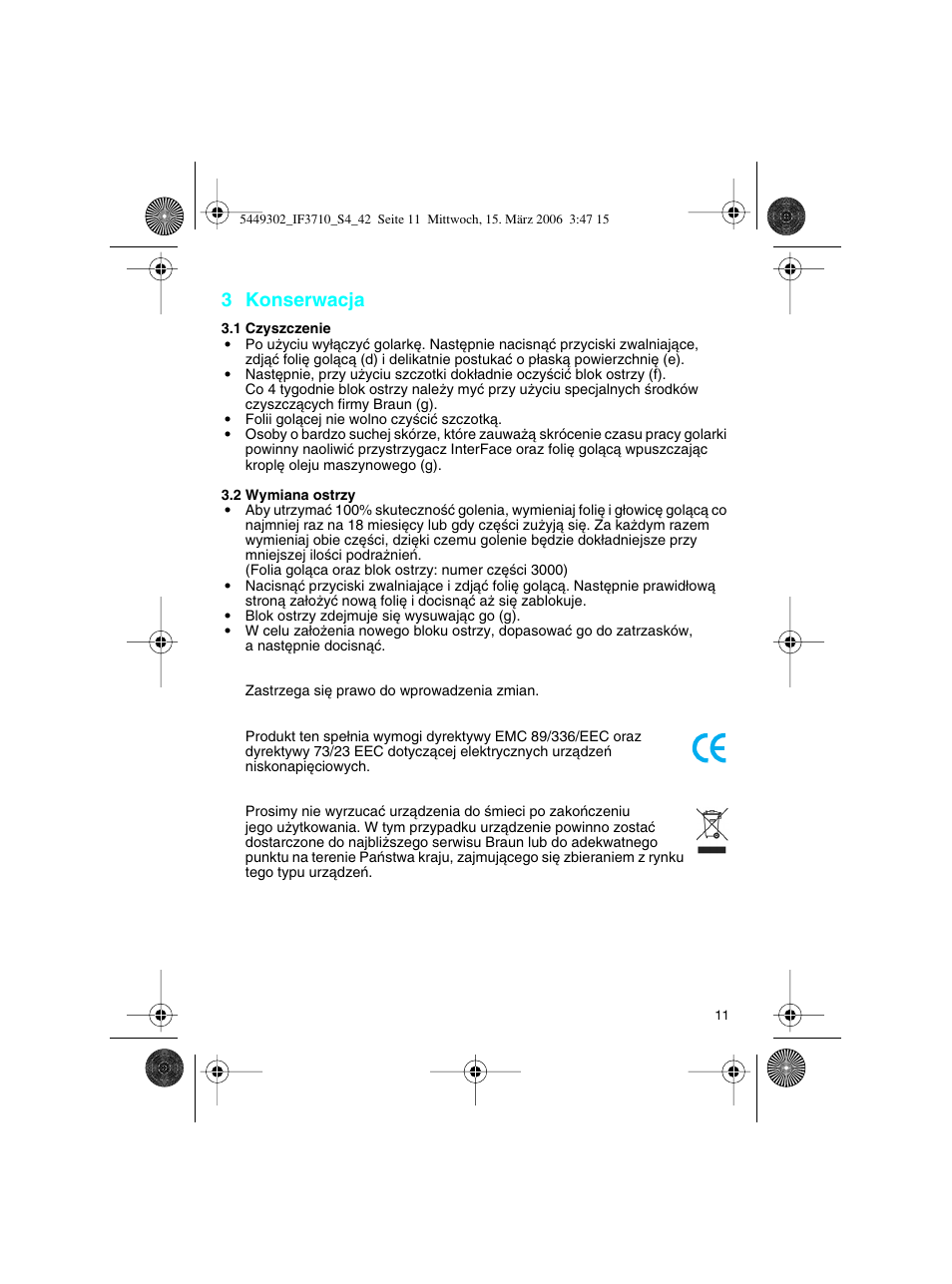 3 konserwacja | Braun 3710 User Manual | Page 11 / 41