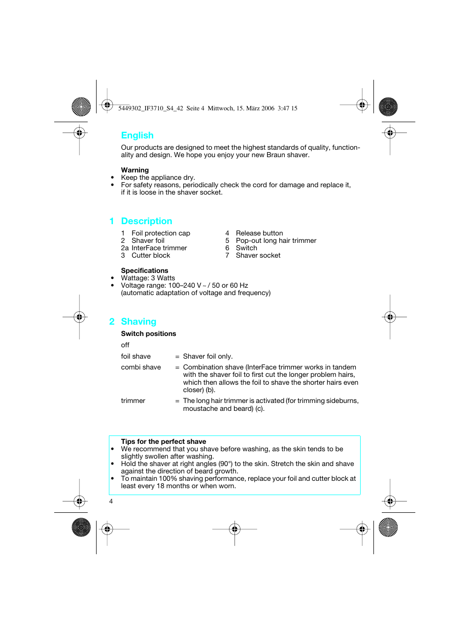 English, 1 description, 2 shaving | Braun 3710 User Manual | Page 4 / 41