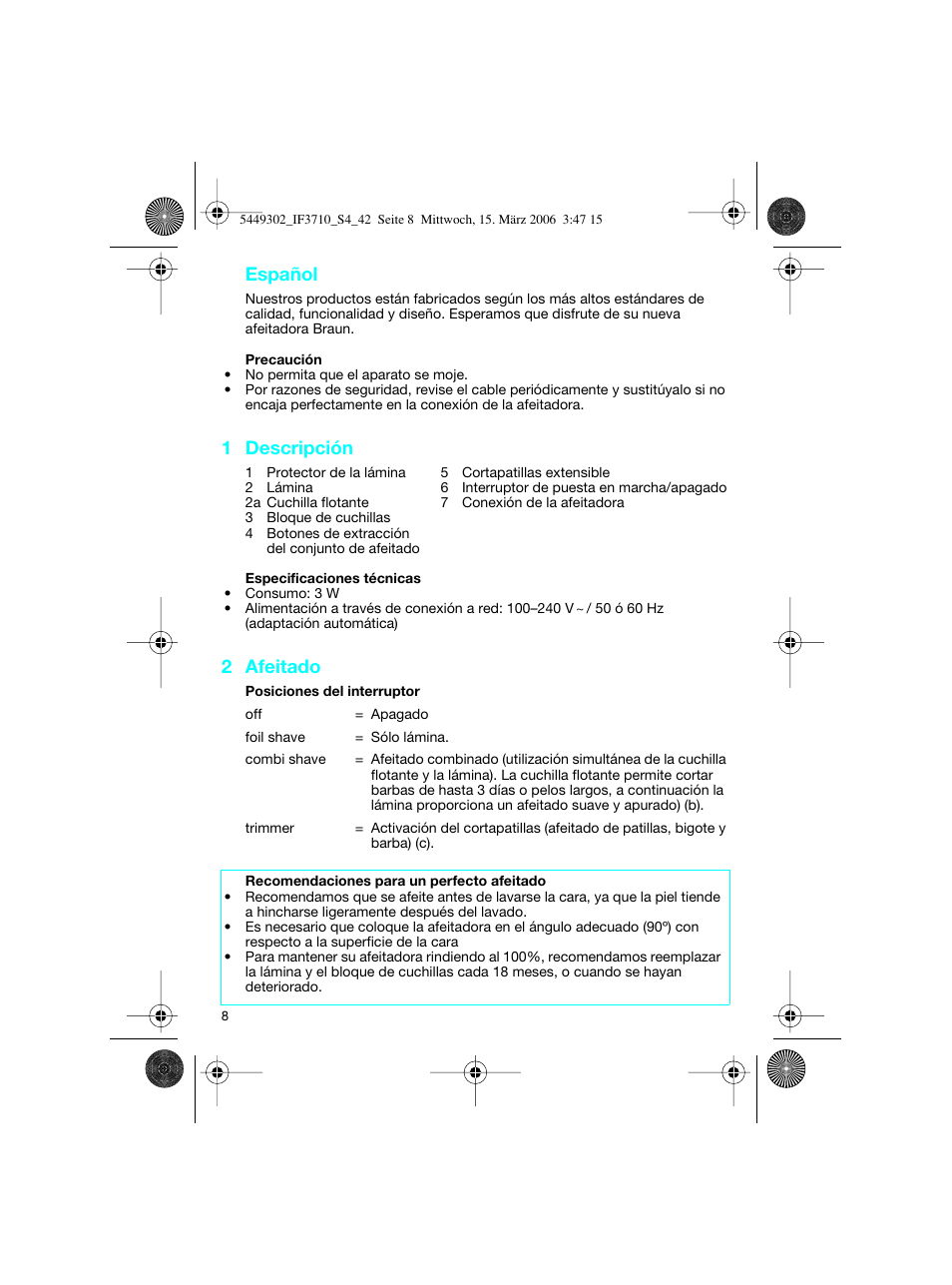 Español, 1 descripción, 2 afeitado | Braun 3710 User Manual | Page 8 / 41