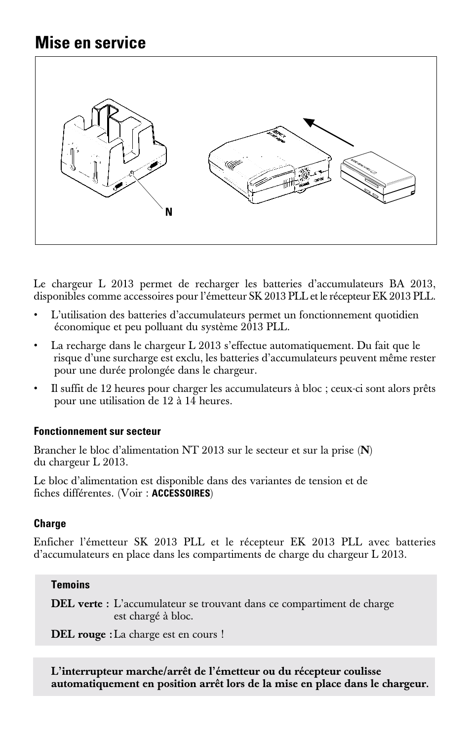 Mise en service, Fonctionnement sur secteur, Charge | Sennheiser l2013 User Manual | Page 11 / 26