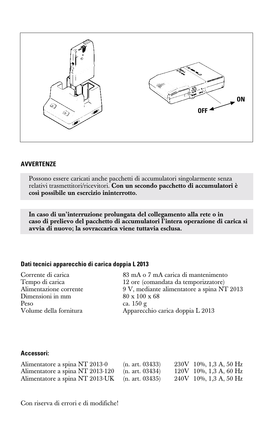 Dati tecnici apparecchio di carica doppia l 2013, Accessori | Sennheiser l2013 User Manual | Page 16 / 26