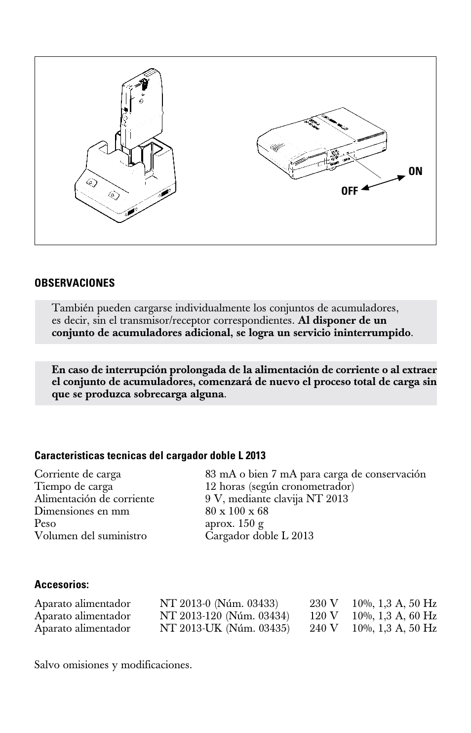 Caracteristicas tecnicas del cargador doble l 2013, Accesorios | Sennheiser l2013 User Manual | Page 20 / 26