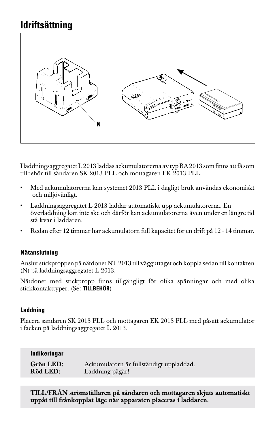 Idriftsättning, Nätanslutning, Laddning | Sennheiser l2013 User Manual | Page 23 / 26