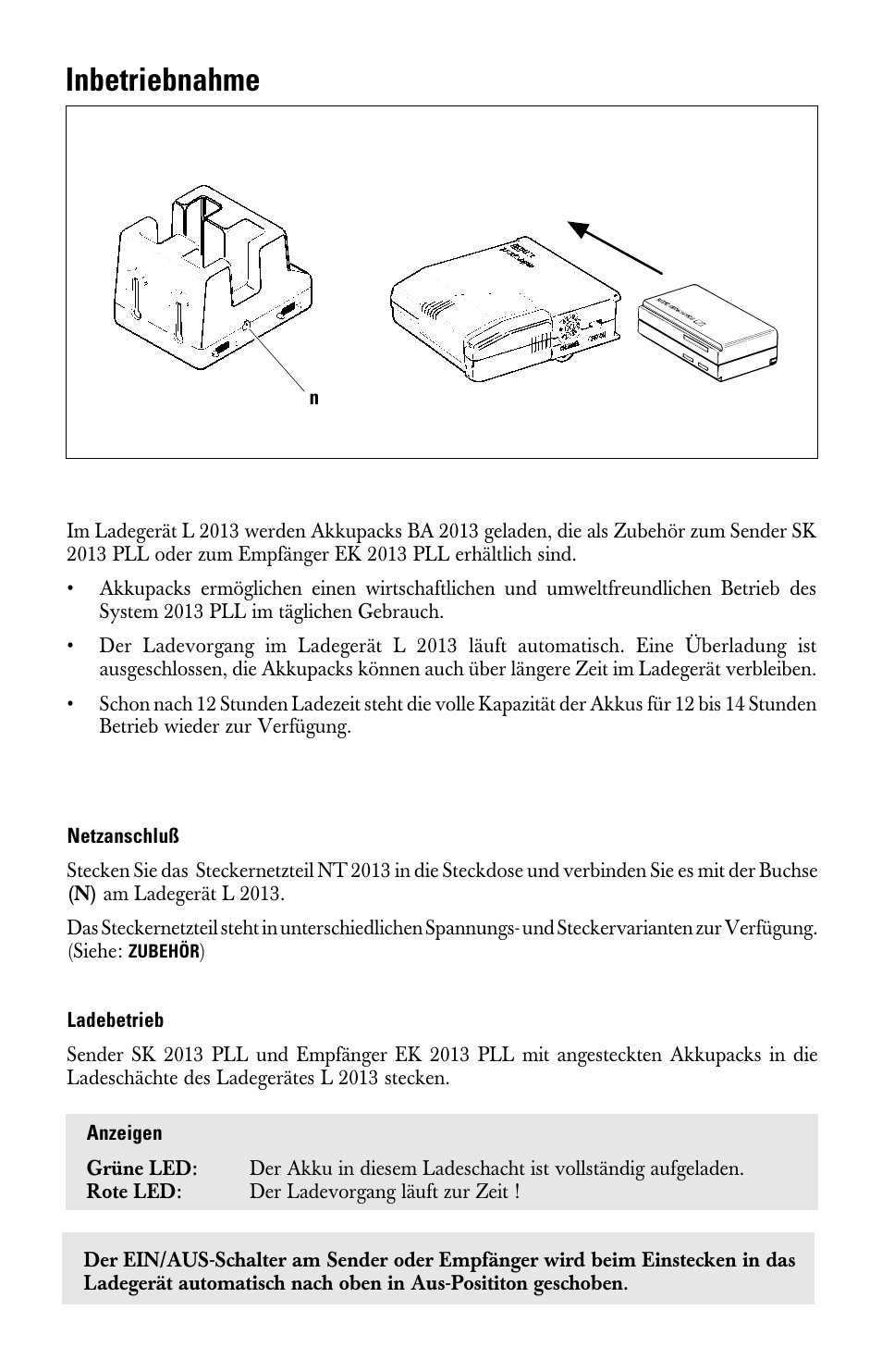 Inbetriebnahme, Netzanschluß, Ladebetrieb | Sennheiser l2013 User Manual | Page 3 / 26