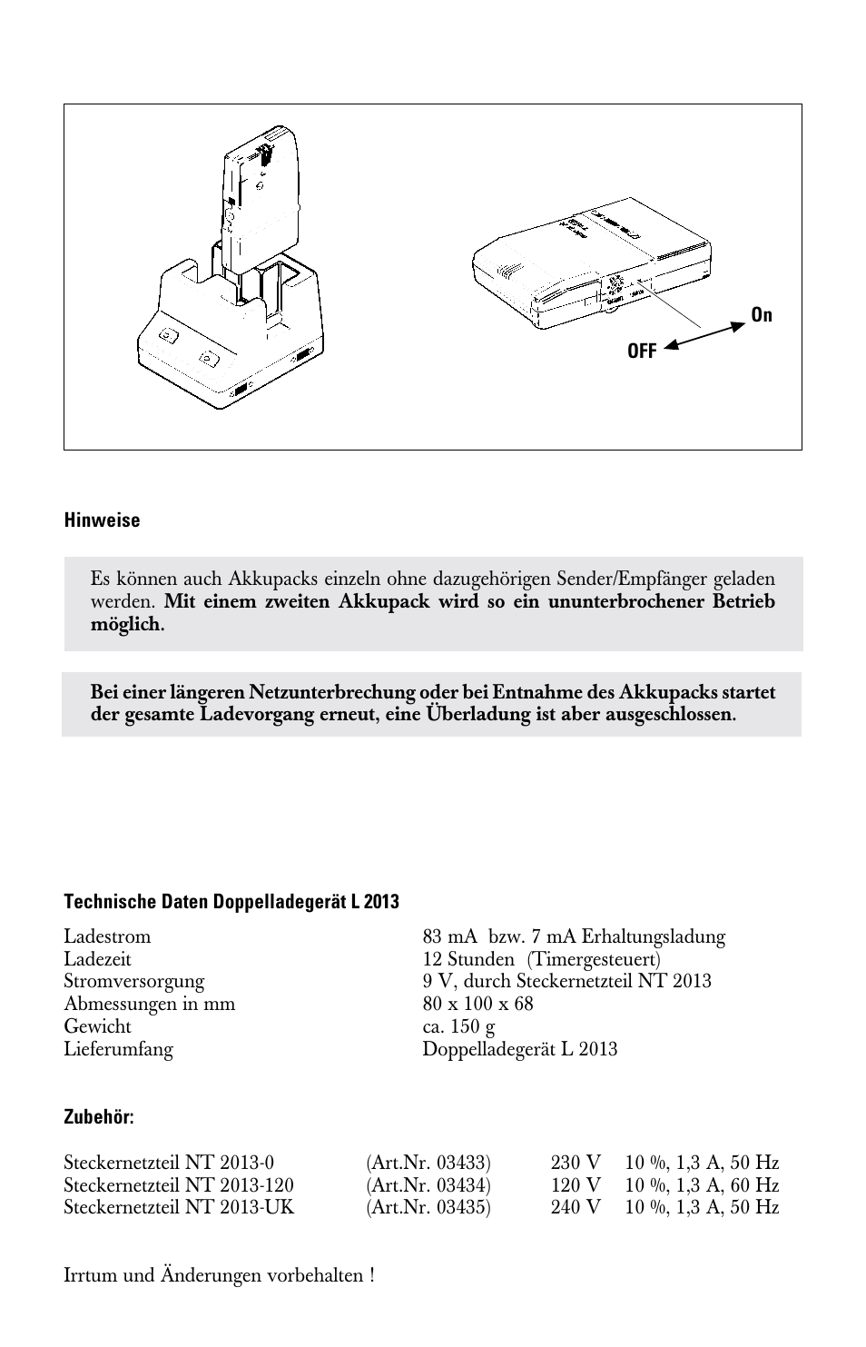 Technische daten doppelladegerät l 2013, Zubehör | Sennheiser l2013 User Manual | Page 4 / 26