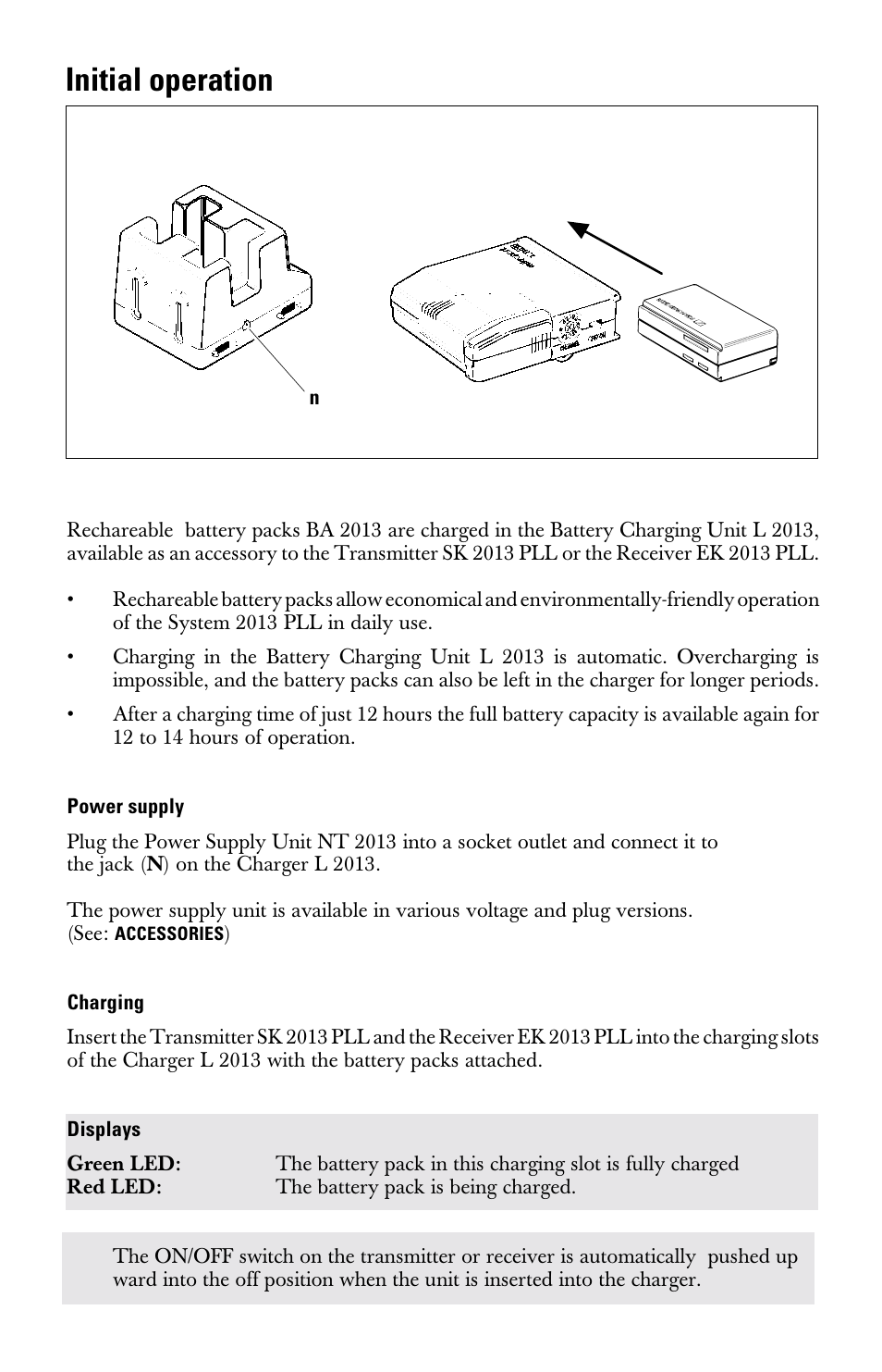 Initial operation, Power supply, Charging | Sennheiser l2013 User Manual | Page 7 / 26