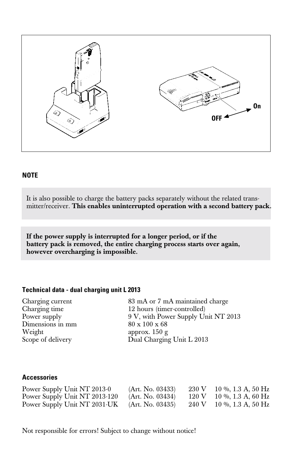 Technical data - dual charging unit l 2013, Accessories | Sennheiser l2013 User Manual | Page 8 / 26