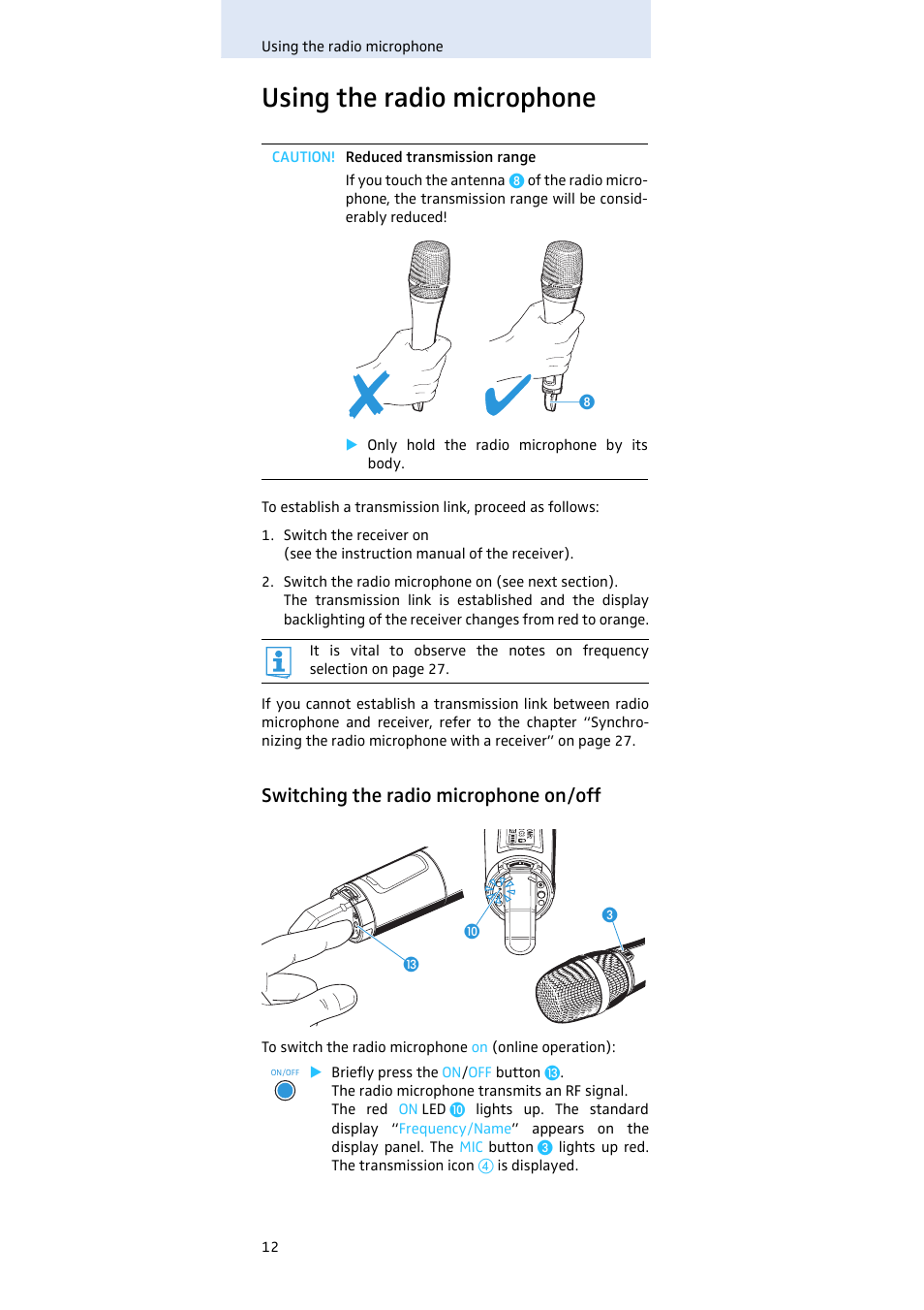 Using the radio microphone, Switching the radio microphone on/off | Sennheiser Evolution SKM 300 User Manual | Page 13 / 41