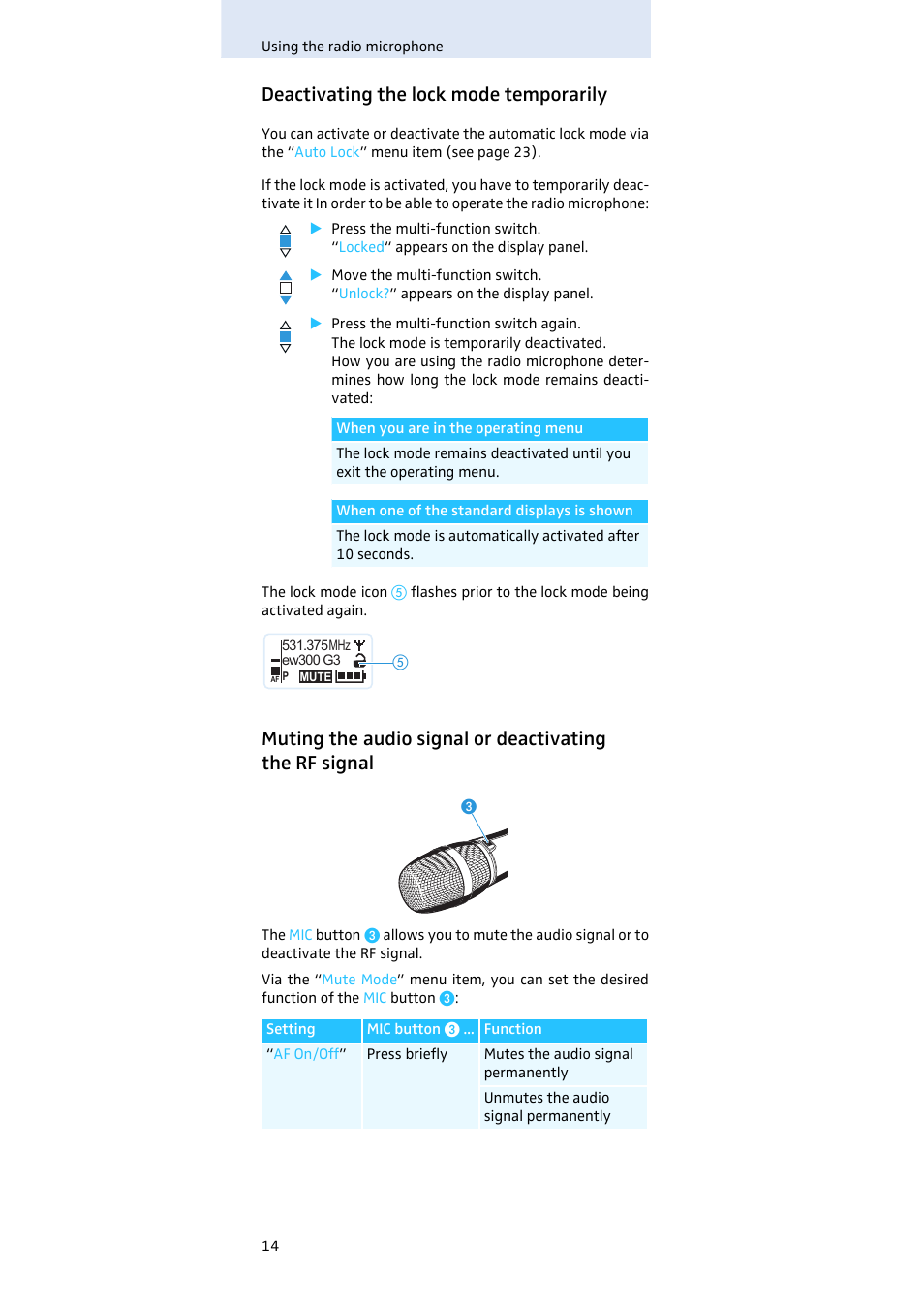 Deactivating the lock mode temporarily | Sennheiser Evolution SKM 300 User Manual | Page 15 / 41