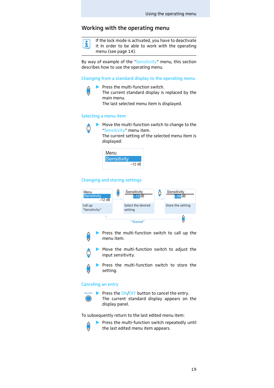 Working with the operating menu | Sennheiser Evolution SKM 300 User Manual | Page 20 / 41