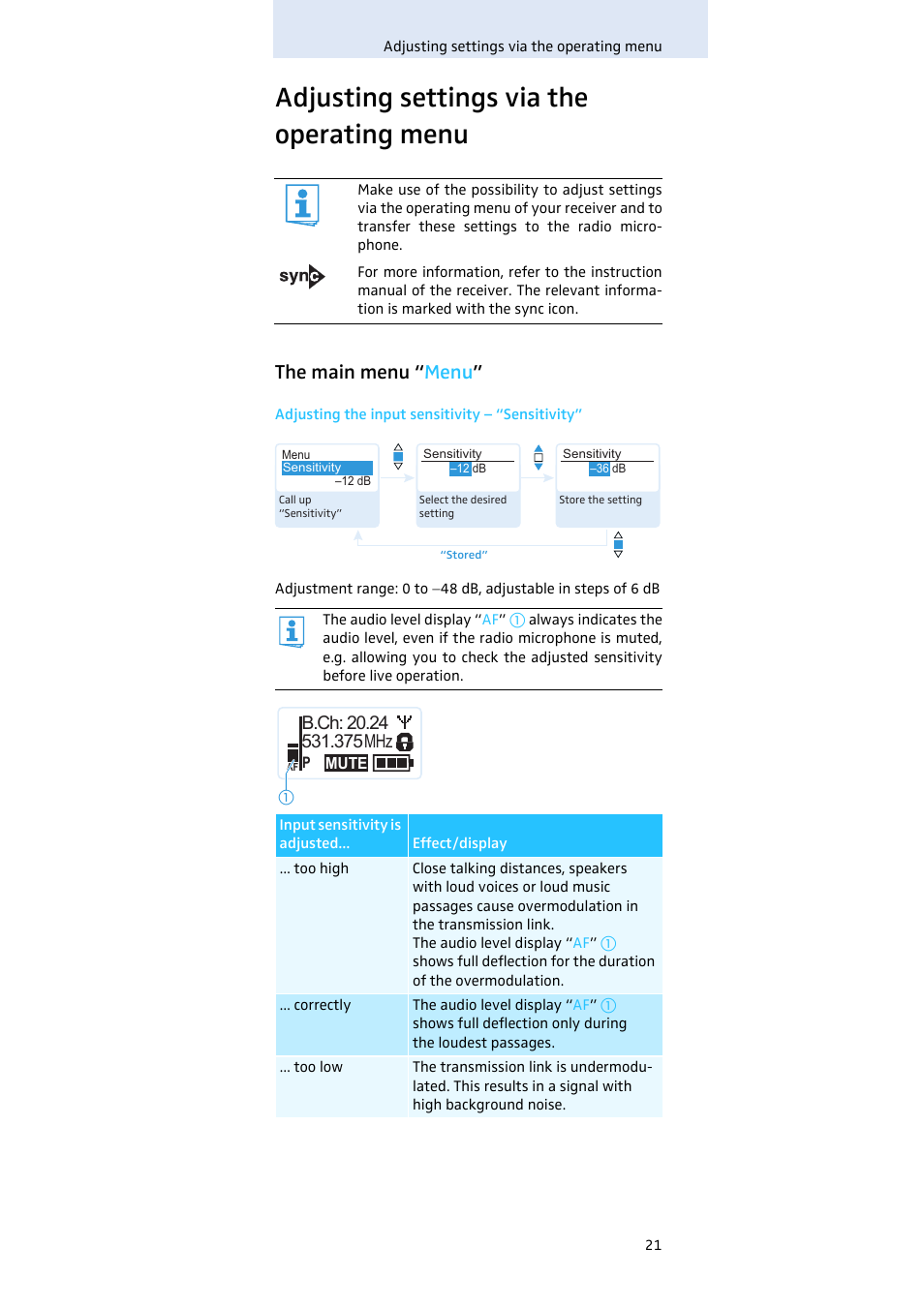 Adjusting settings via the operating menu, The main menu “menu, The main menu “ menu | Sennheiser Evolution SKM 300 User Manual | Page 22 / 41