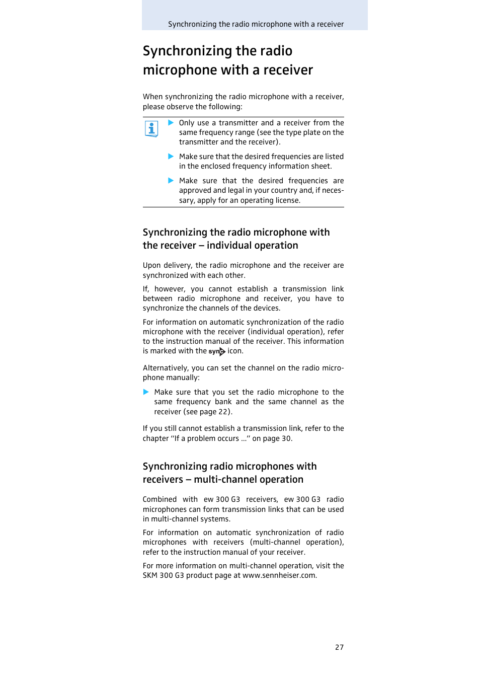 Synchronizing the radio microphone with a receiver | Sennheiser Evolution SKM 300 User Manual | Page 28 / 41