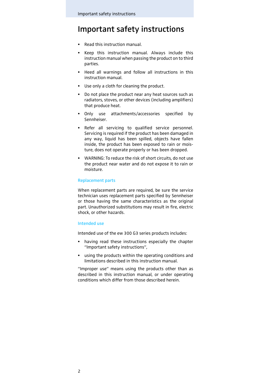 Important safety instructions | Sennheiser Evolution SKM 300 User Manual | Page 3 / 41