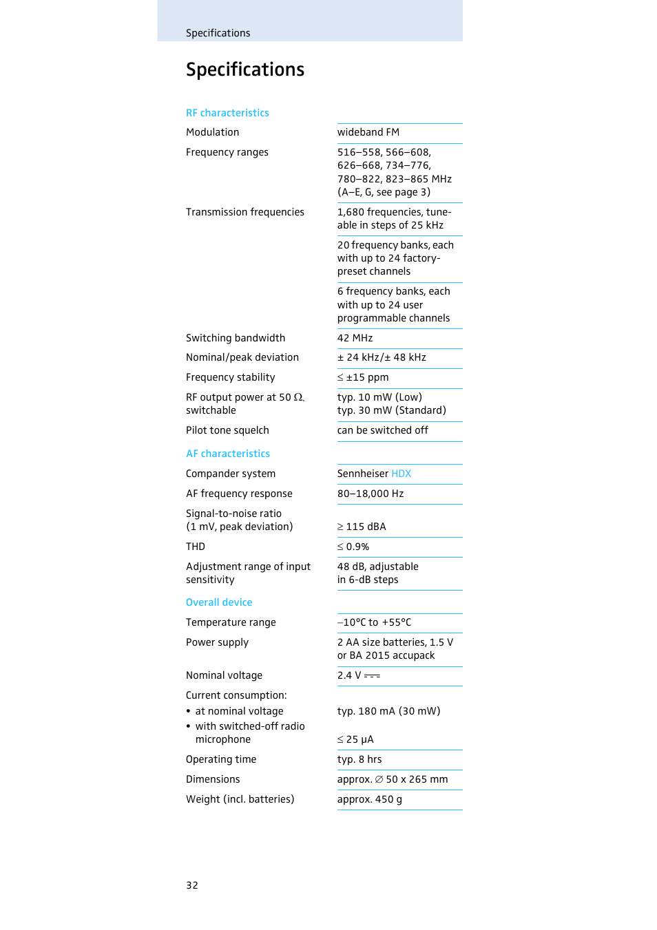 Specifications | Sennheiser Evolution SKM 300 User Manual | Page 33 / 41