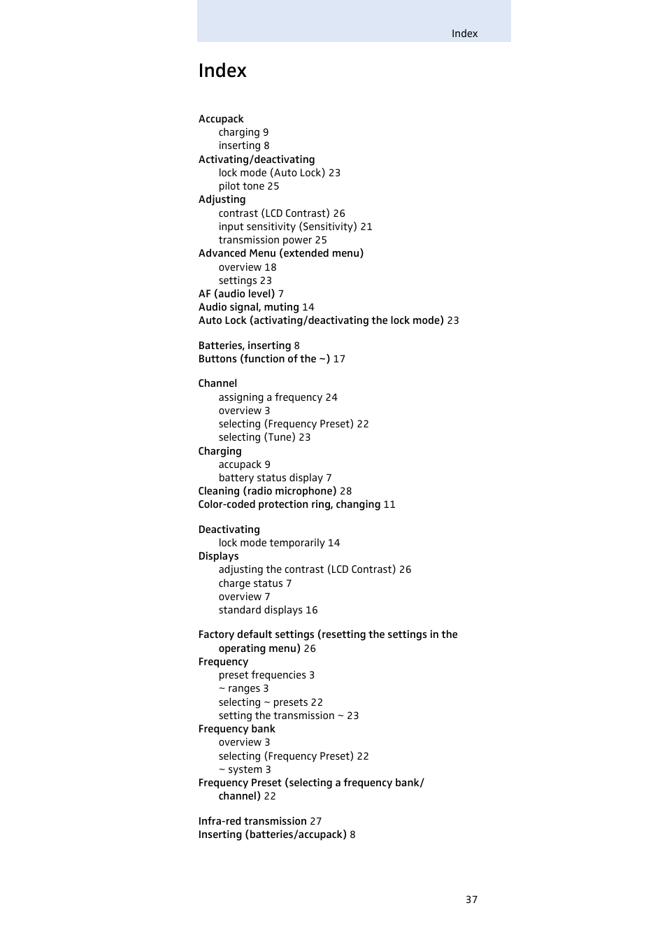 Index | Sennheiser Evolution SKM 300 User Manual | Page 38 / 41