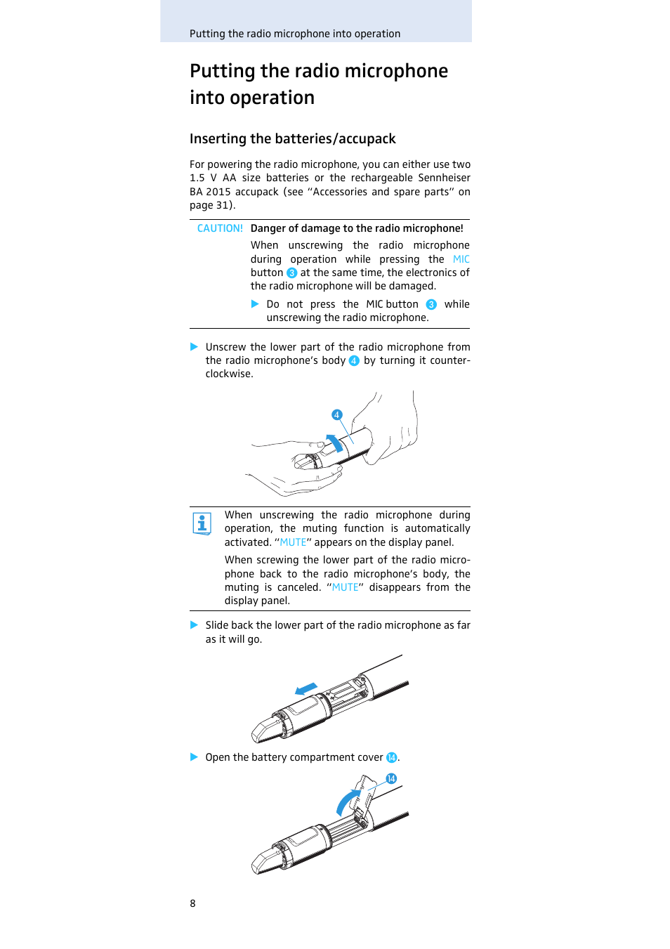 Putting the radio microphone into operation, Inserting the batteries/accupack | Sennheiser Evolution SKM 300 User Manual | Page 9 / 41