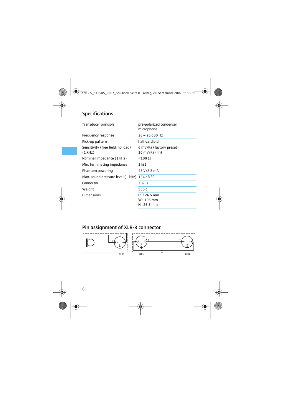 Specifications, Pin assignment of xlr-3 connector, Specifications pin assignment of xlr-3 connector | Sennheiser 912 S User Manual | Page 10 / 13
