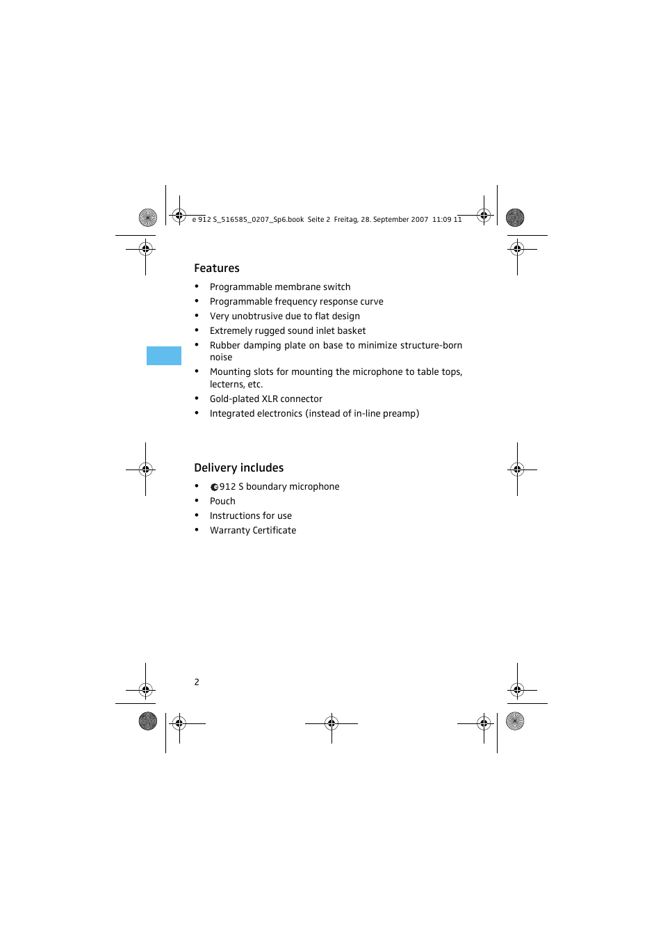 Features, Delivery includes | Sennheiser 912 S User Manual | Page 4 / 13