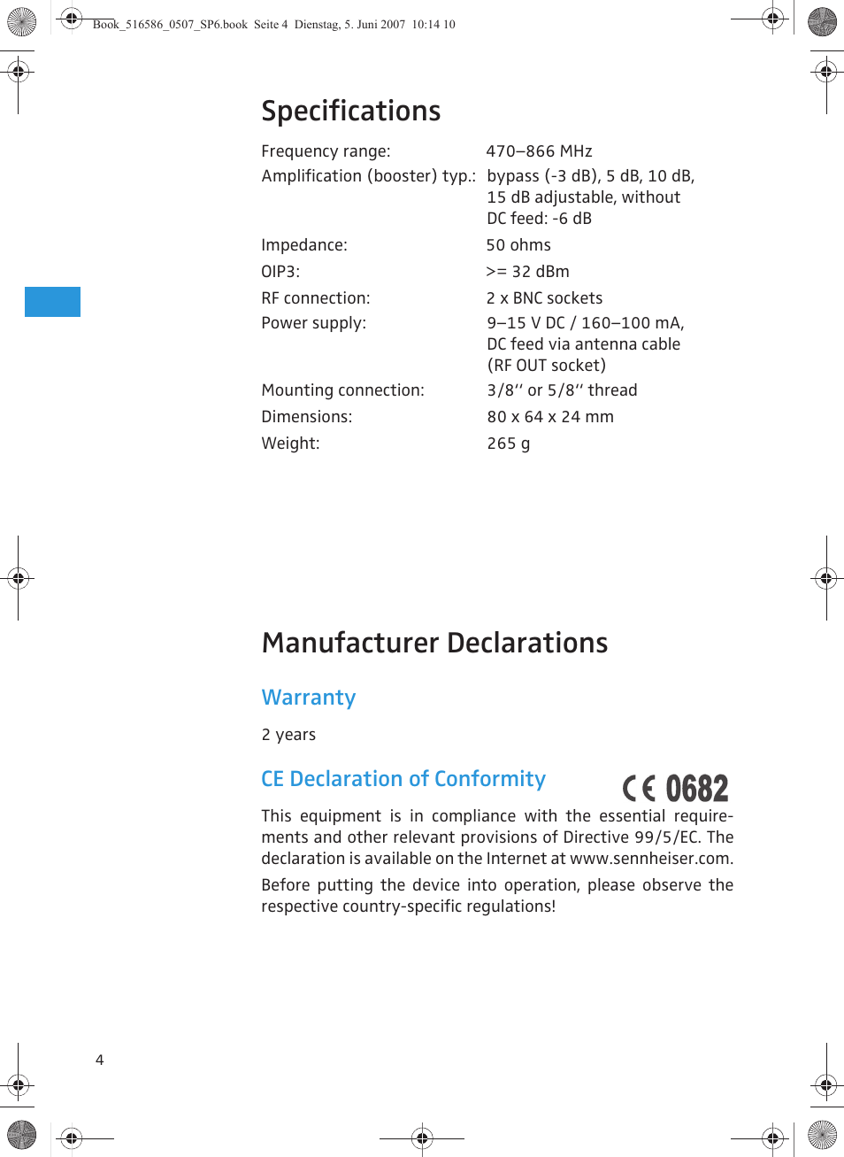 Specifications, Manufacturer declarations, Warranty | Ce declaration of conformity | Sennheiser AB 3700 User Manual | Page 12 / 29
