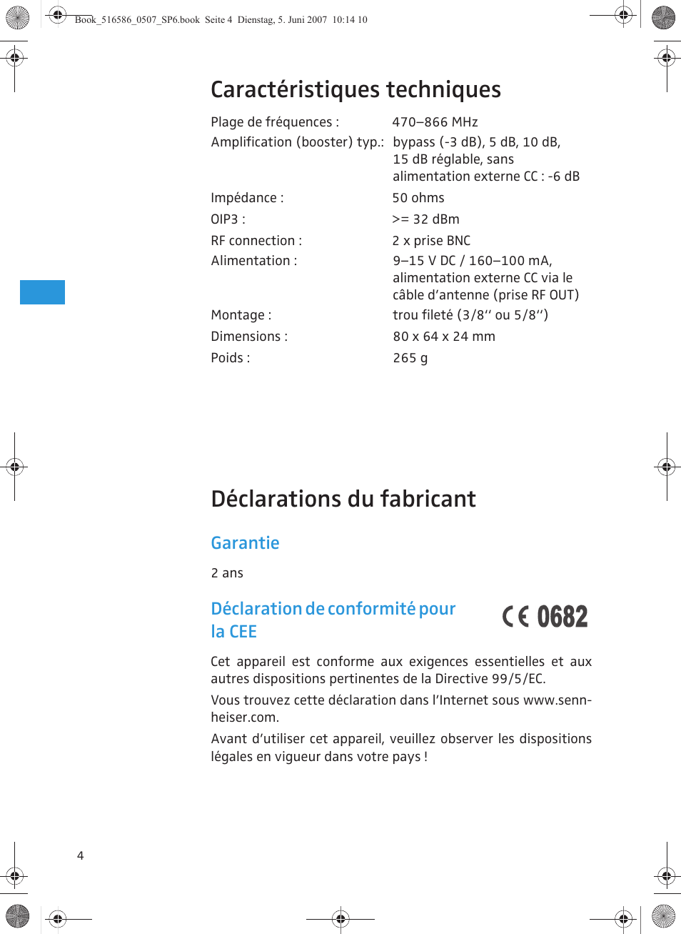 Caractéristiques techniques, Déclarations du fabricant, Garantie | Déclaration de conformité pour la cee | Sennheiser AB 3700 User Manual | Page 16 / 29