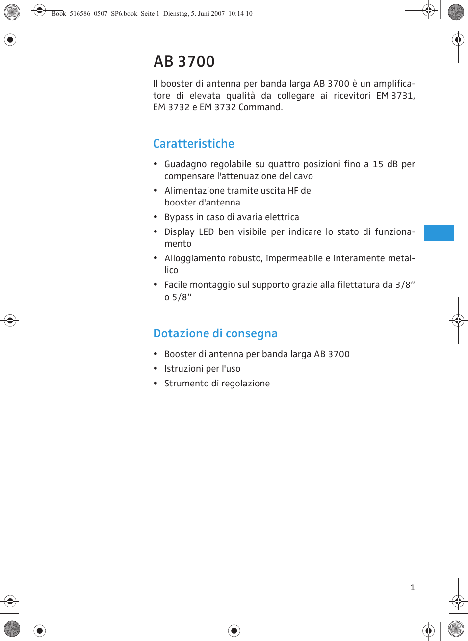 Ab 3700, Caratteristiche, Dotazione di consegna | Sennheiser AB 3700 User Manual | Page 17 / 29