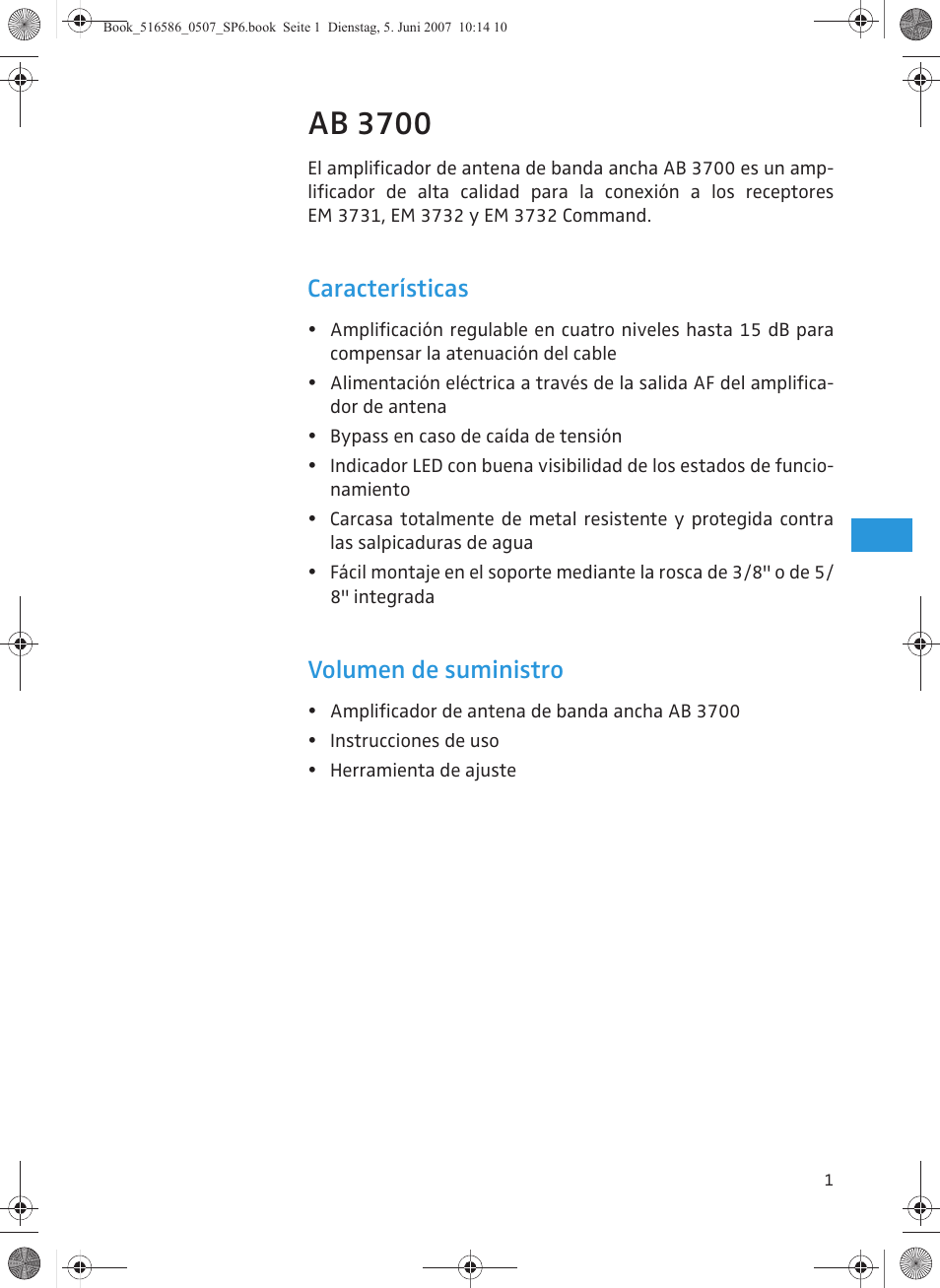 Ab 3700, Características, Volumen de suministro | Sennheiser AB 3700 User Manual | Page 21 / 29