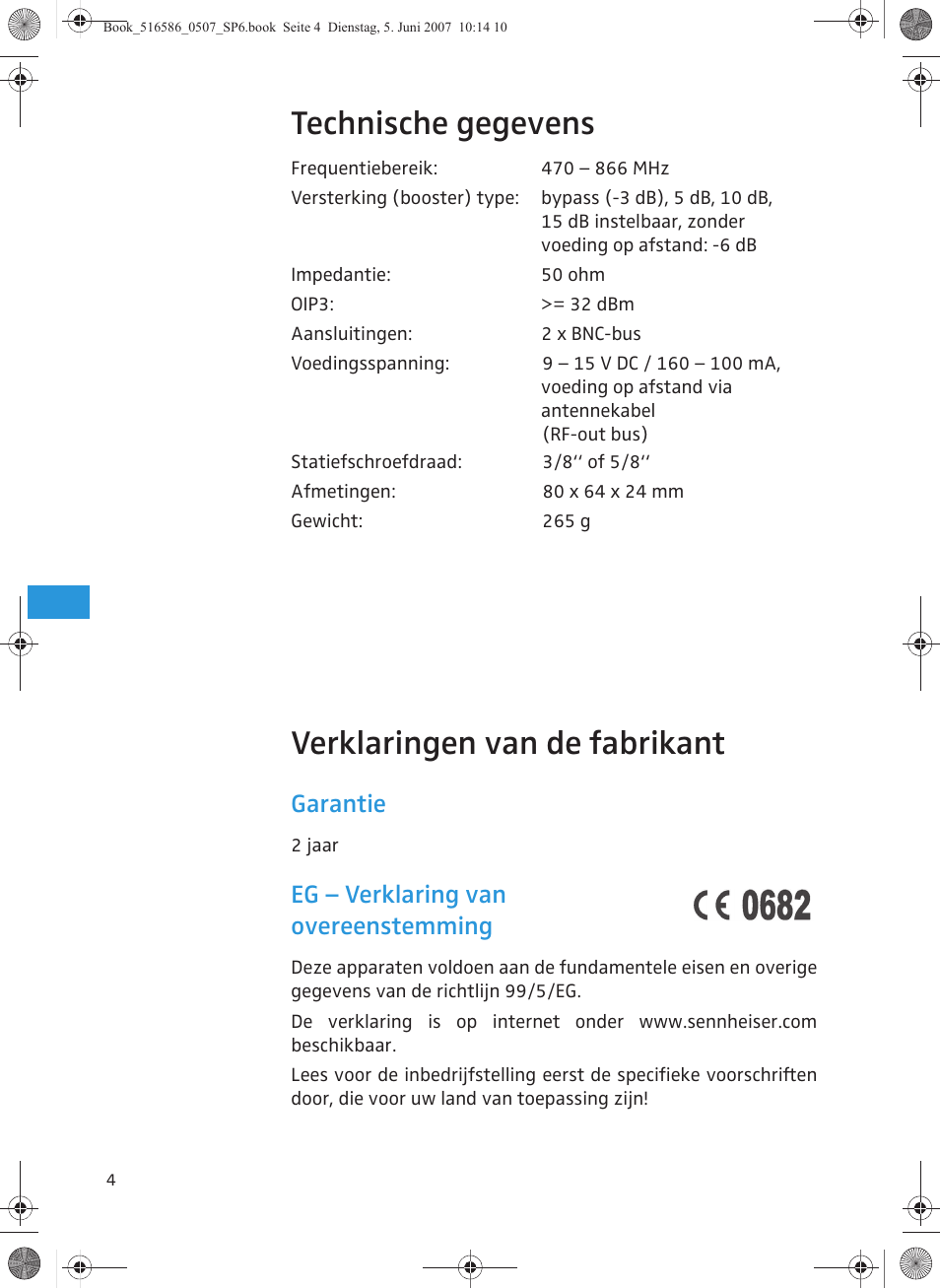 Technische gegevens, Verklaringen van de fabrikant, Garantie | Eg – verklaring van overeenstemming | Sennheiser AB 3700 User Manual | Page 28 / 29