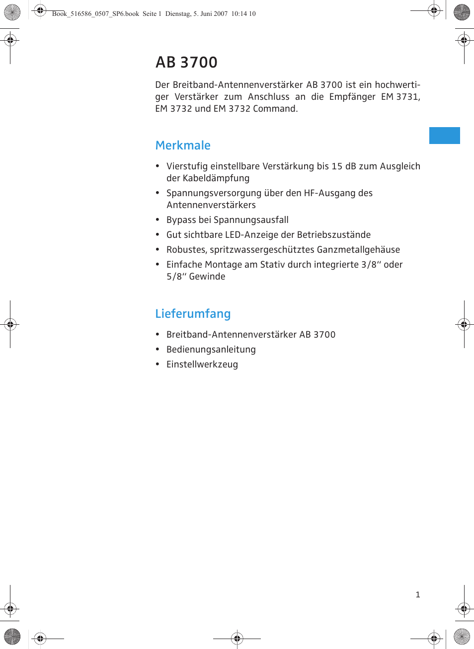 Ab 3700, Merkmale, Lieferumfang | Sennheiser AB 3700 User Manual | Page 5 / 29