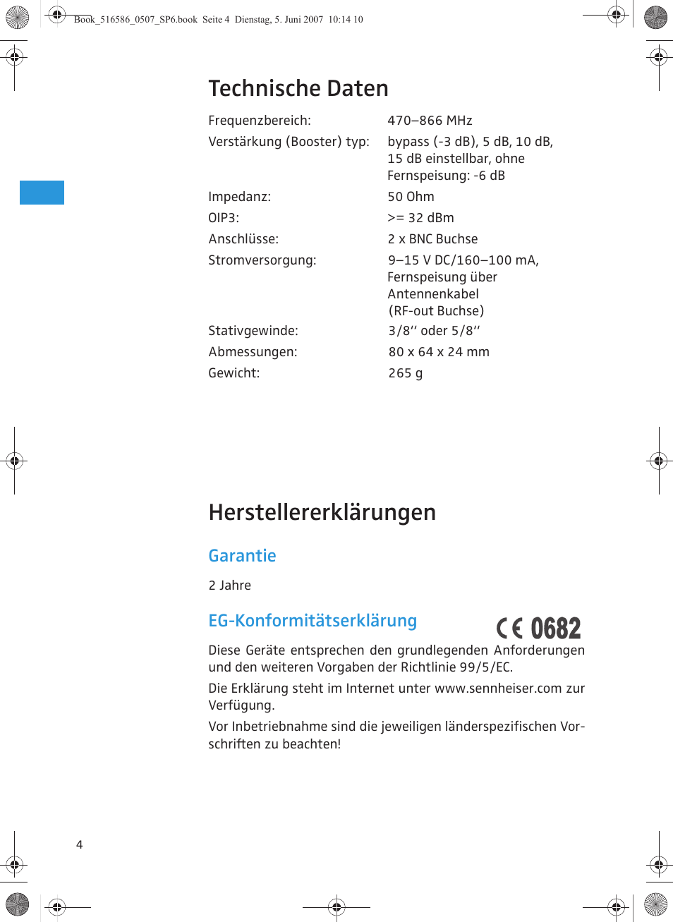 Technische daten, Herstellererklärungen, Garantie | Eg-konformitätserklärung | Sennheiser AB 3700 User Manual | Page 8 / 29
