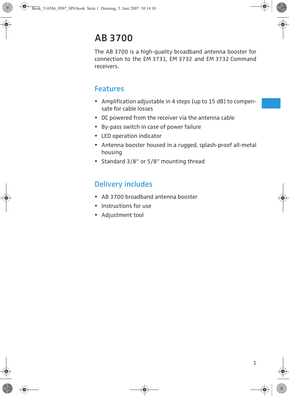 Ab 3700, Features, Delivery includes | Sennheiser AB 3700 User Manual | Page 9 / 29