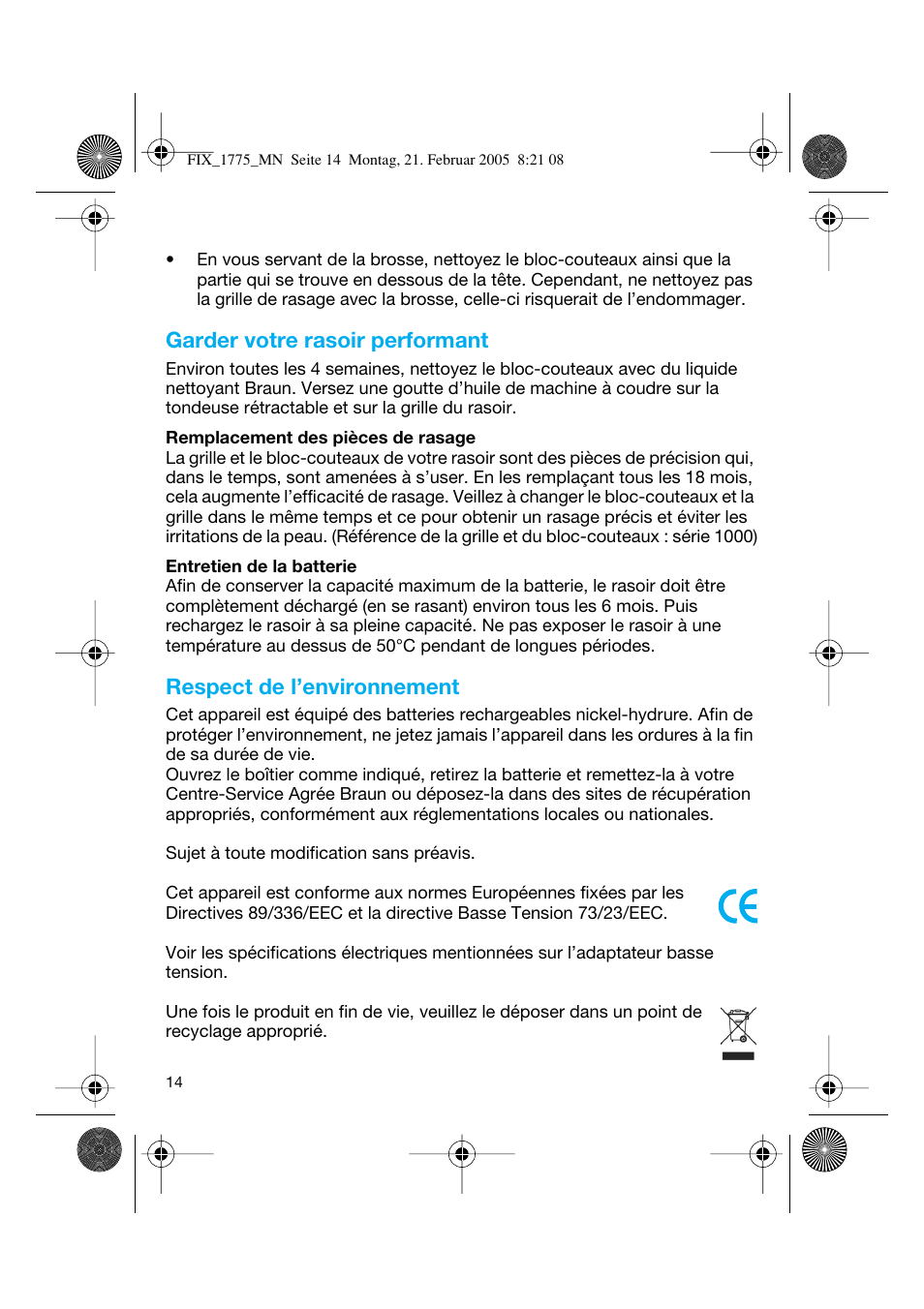 Garder votre rasoir performant, Respect de l’environnement | Braun 1775 Free Control User Manual | Page 13 / 59