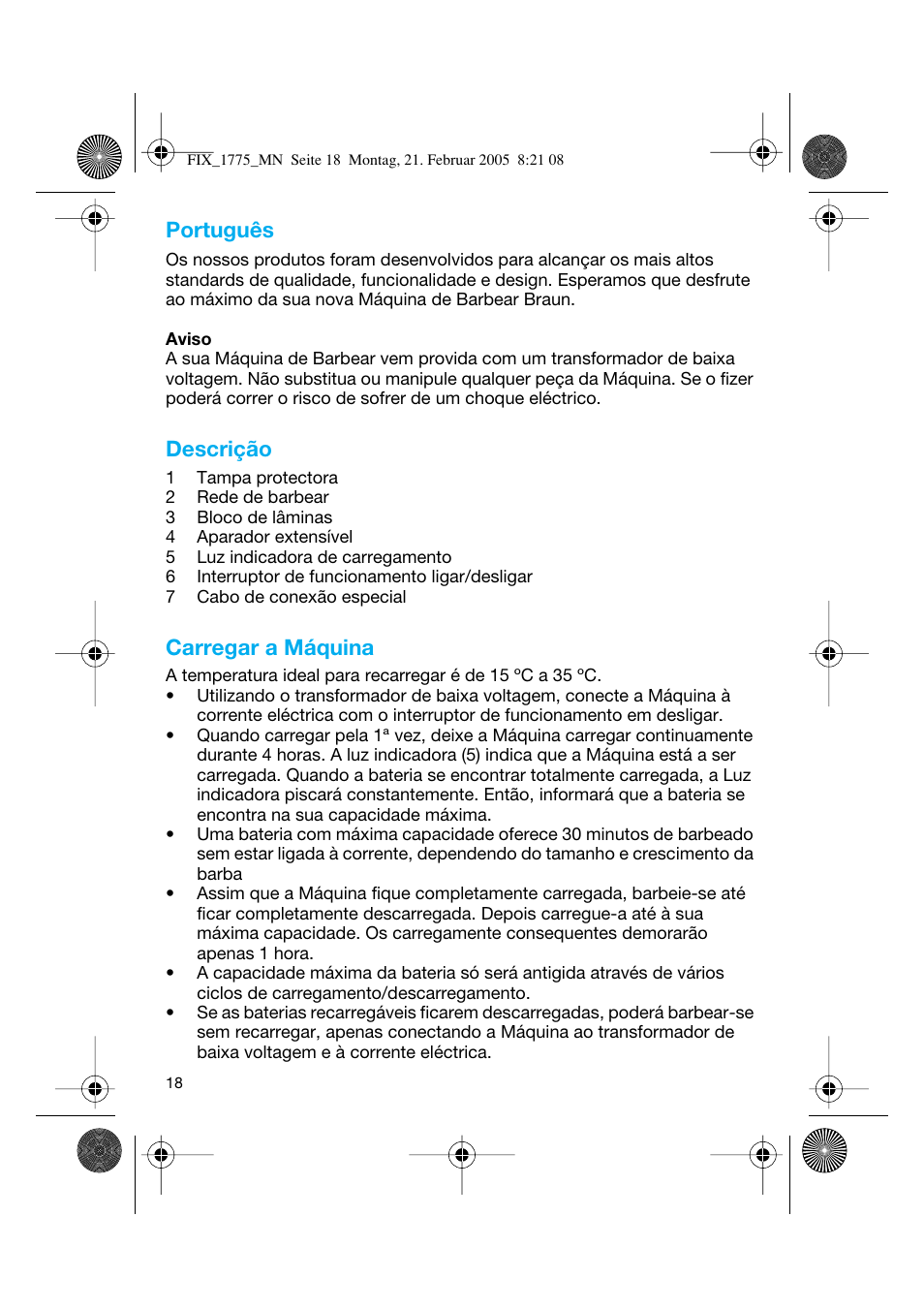 Português, Descrição, Carregar a máquina | Braun 1775 Free Control User Manual | Page 17 / 59