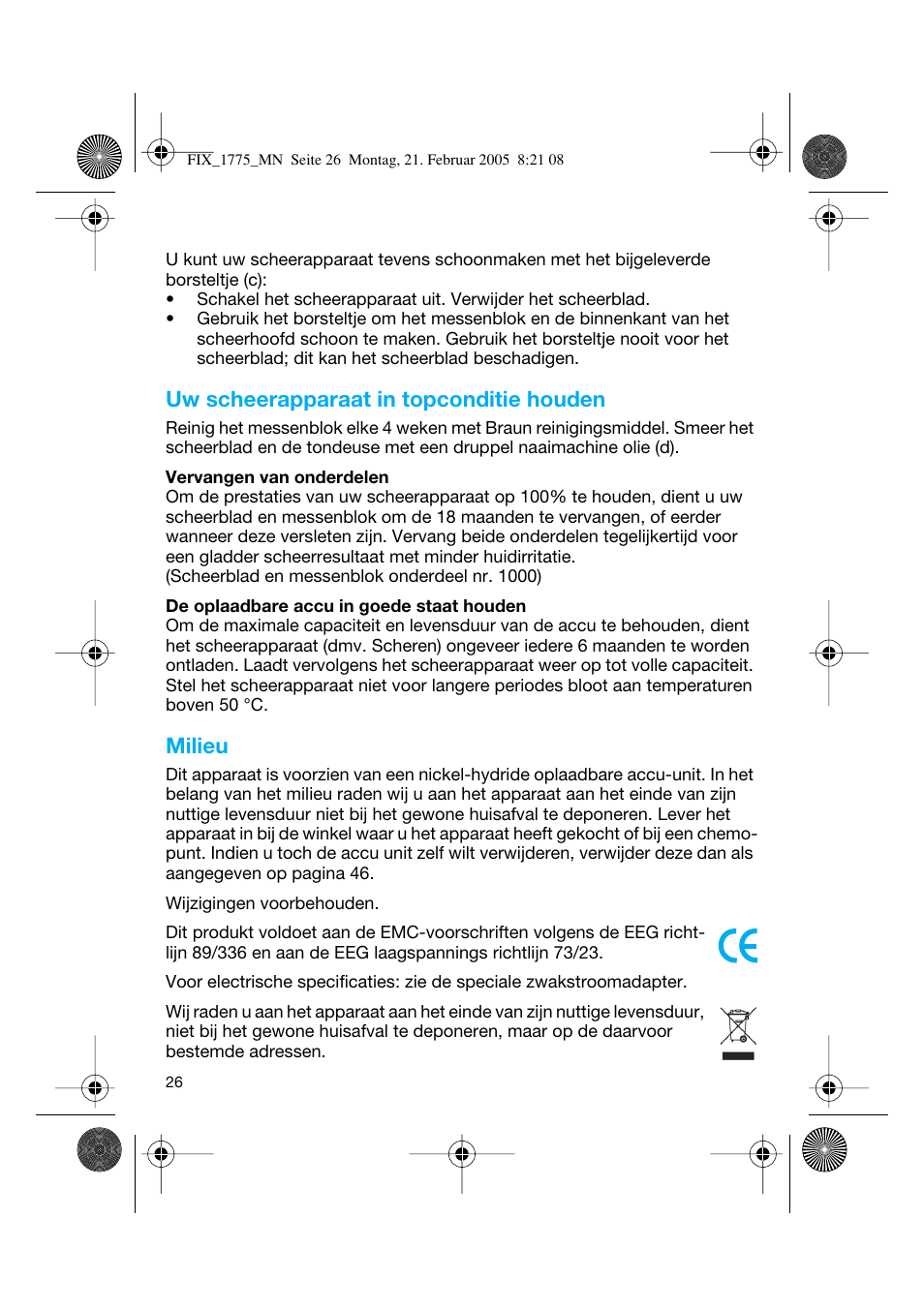 Uw scheerapparaat in topconditie houden, Milieu | Braun 1775 Free Control User Manual | Page 25 / 59