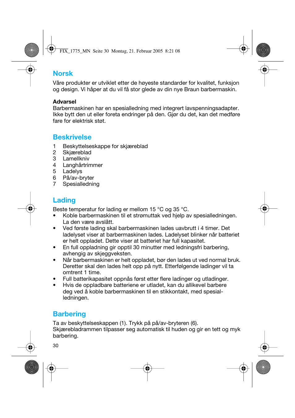 Norsk, Beskrivelse, Lading | Barbering | Braun 1775 Free Control User Manual | Page 29 / 59