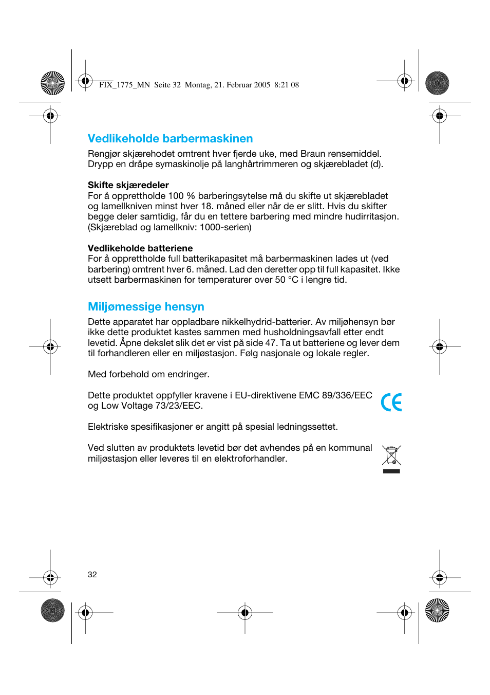 Vedlikeholde barbermaskinen, Miljømessige hensyn | Braun 1775 Free Control User Manual | Page 31 / 59
