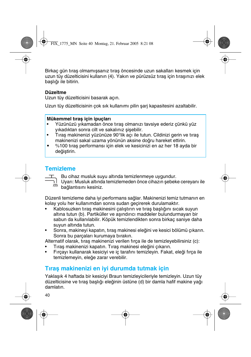 Temizleme, Tıraµ makinenizi en iyi durumda tutmak için | Braun 1775 Free Control User Manual | Page 39 / 59