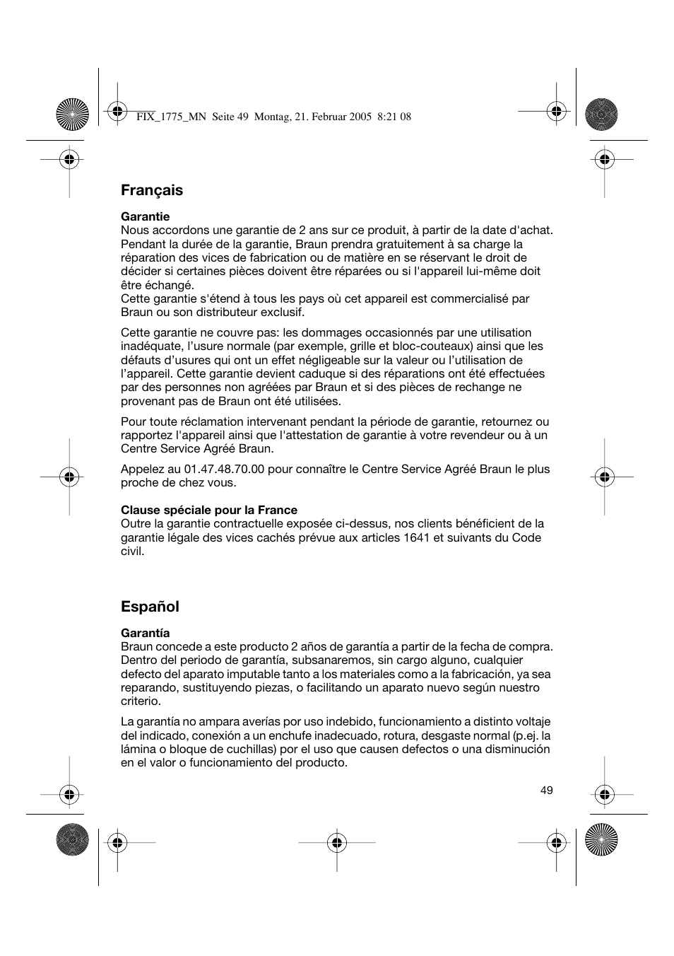 Français, Español | Braun 1775 Free Control User Manual | Page 48 / 59