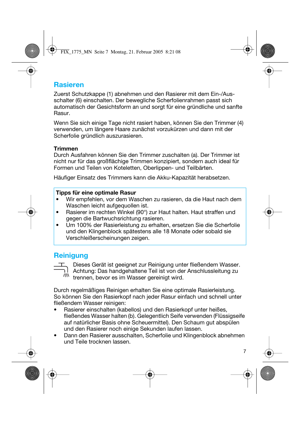 Rasieren, Reinigung | Braun 1775 Free Control User Manual | Page 6 / 59